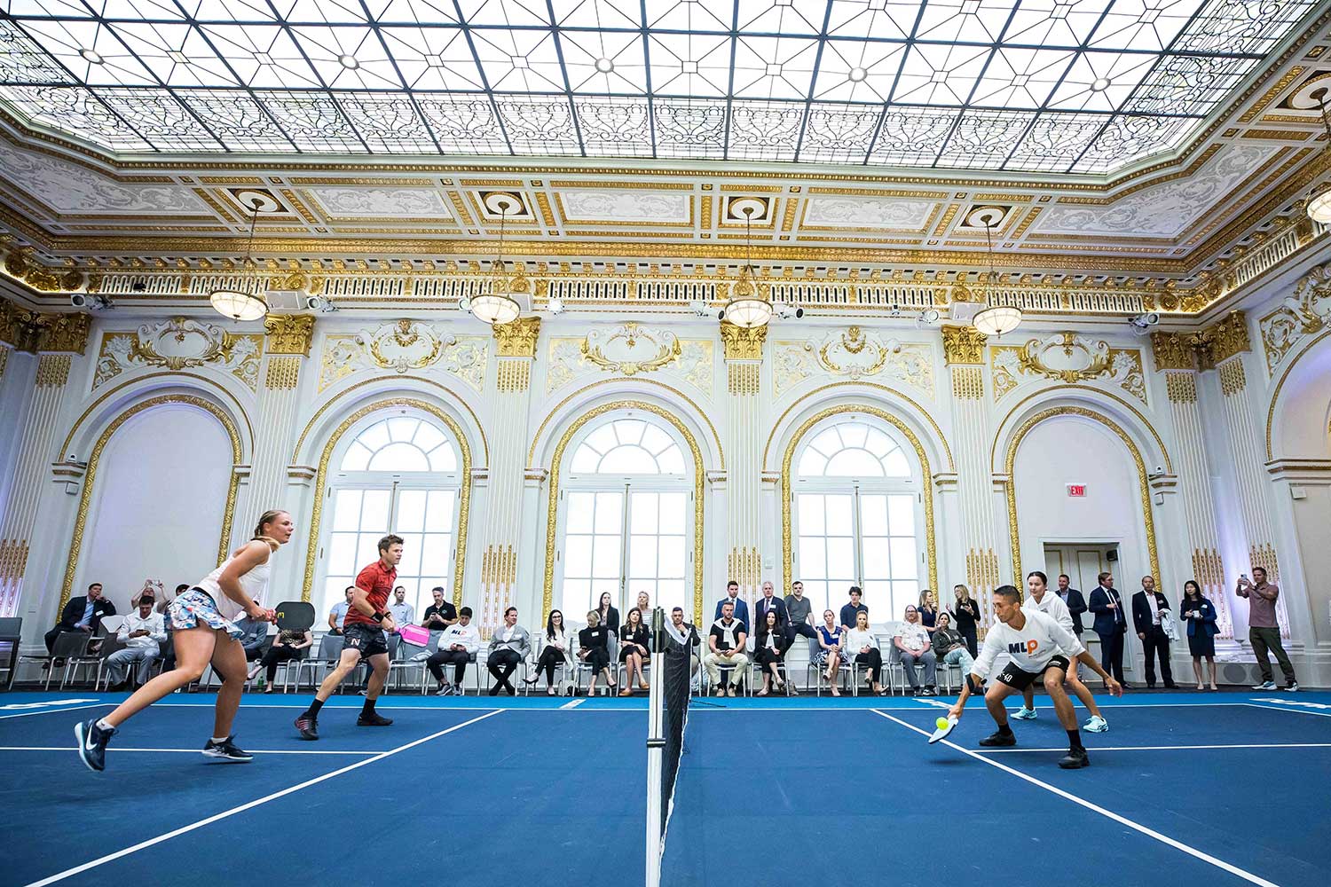 Pickleball court and game in the NYSE Board Room