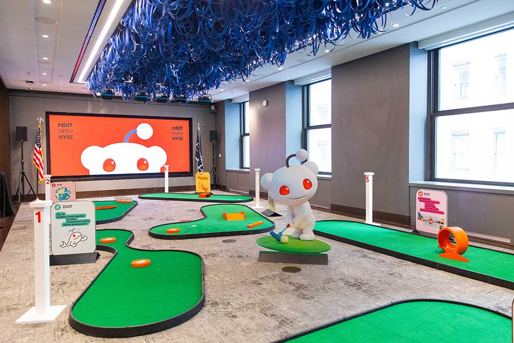 NYSE Siebert Hall set up with a mini putt putt game for Reddit